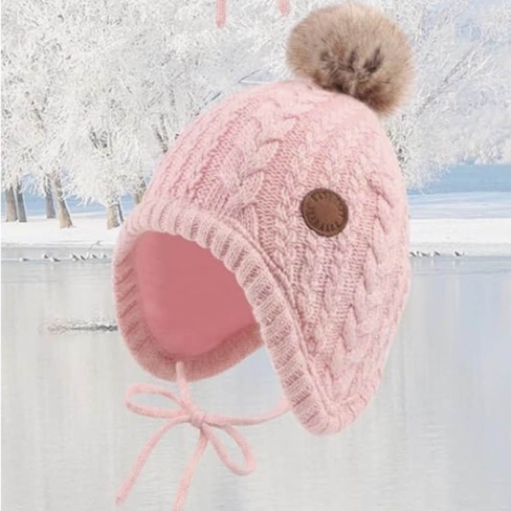 NEW! Baby Beanie Hat Infant Earflap Cap with Pom Pom Polyester Lined Pink